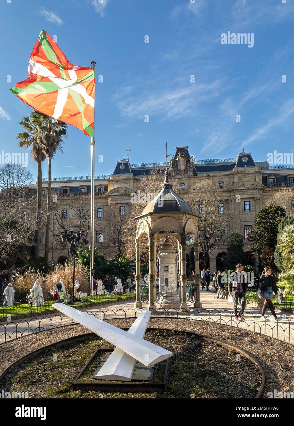 Plaza de Guipuzcoa Square, with the Basque Country flag in the background. San Sebastian, Gipuzkoa, Spain Stock Photo