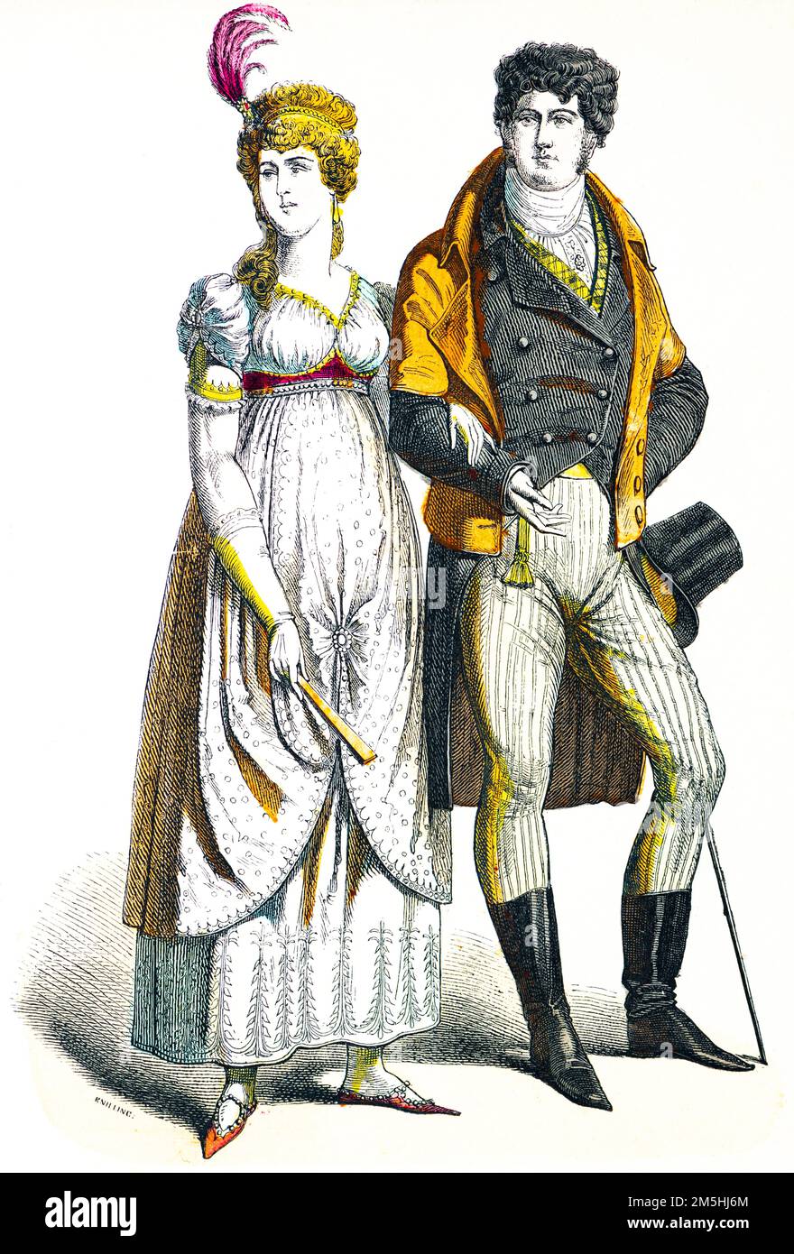 Historical costumes at the end of 18th century,  historical illustration, Münchener Bilderbogen, München 1890 Stock Photo