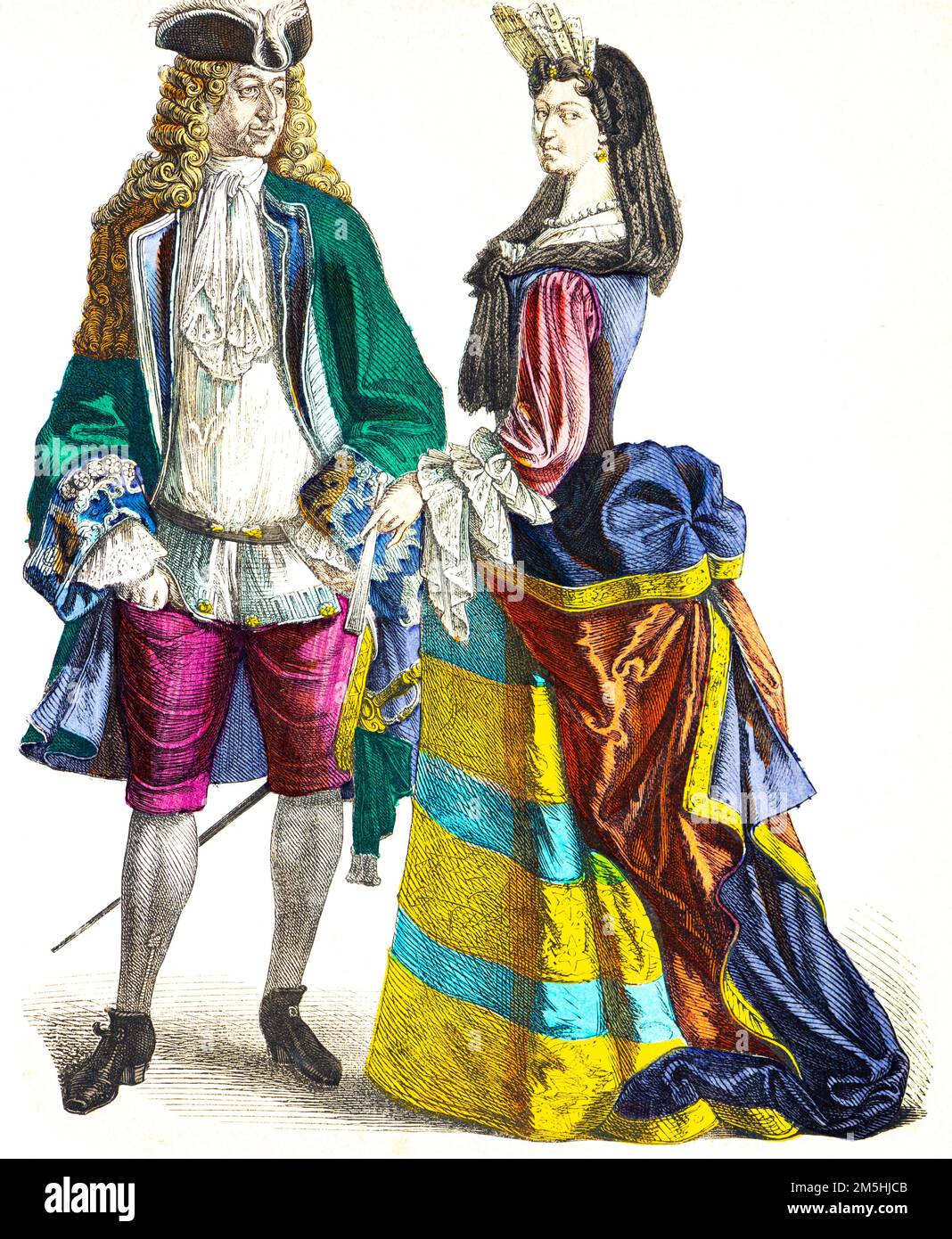 Historical costumes at the beginning of 18th century,  historical illustration, Münchener Bilderbogen, München 1890 Stock Photo