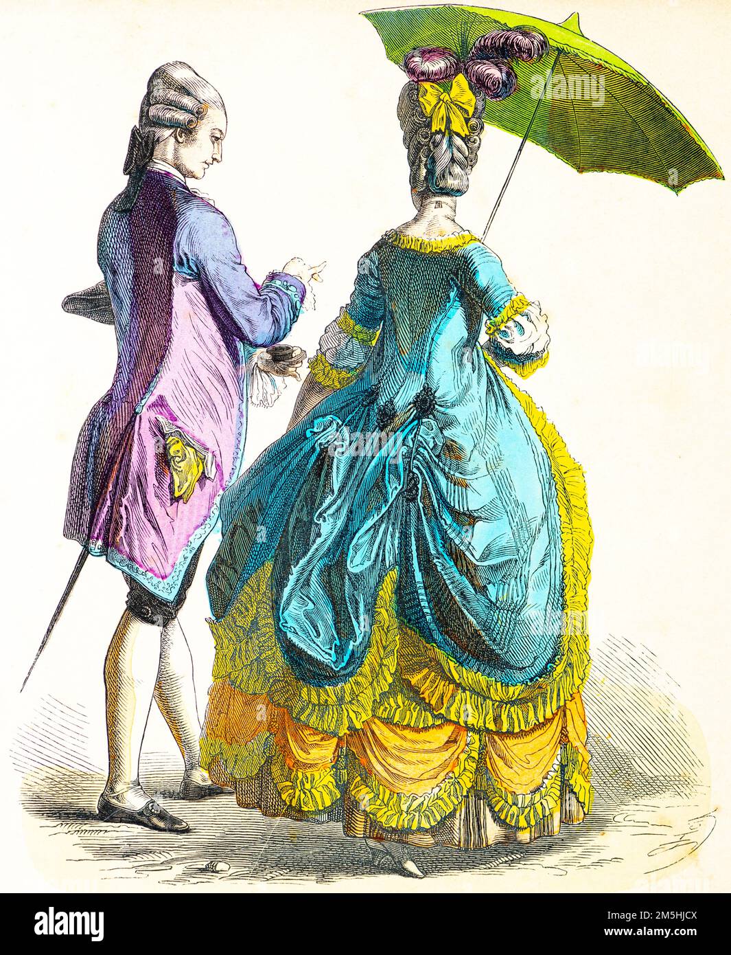 Historical costumes in the middle of 18th century,  historical illustration, Münchener Bilderbogen, München 1890 Stock Photo