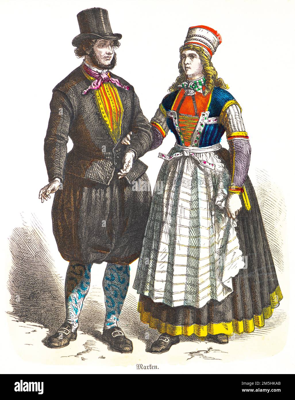 Traditional costumes of The Netherlands, 19th century, ccolured historische Illustration 1890, Münchener Bilderbogen 1890 Stock Photo