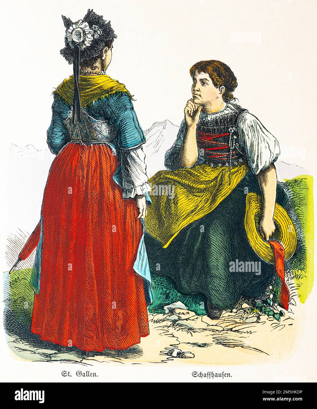 Traditional costumes of Switzerland, Europe, 19th century, ccolured historische Illustration 1890, Münchener Bilderbogen 1890 Stock Photo