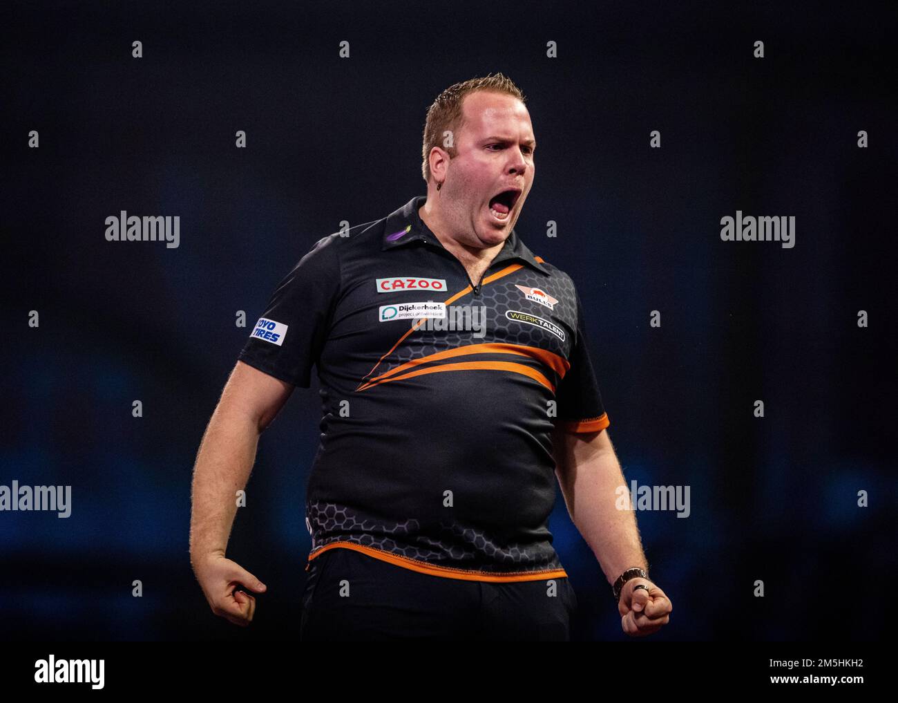 Dirk van Duijvenbode reacting during day twelve of the Cazoo World Darts Championship at