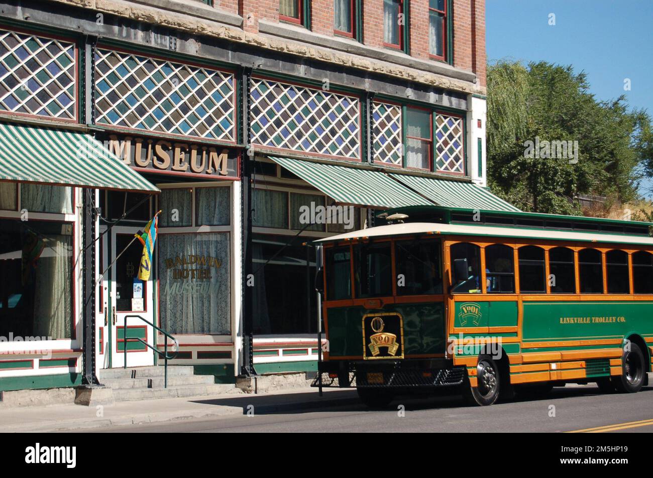 Volcanic Legacy Scenic Byway Trolley Before Baldwin Hotel Museum. The