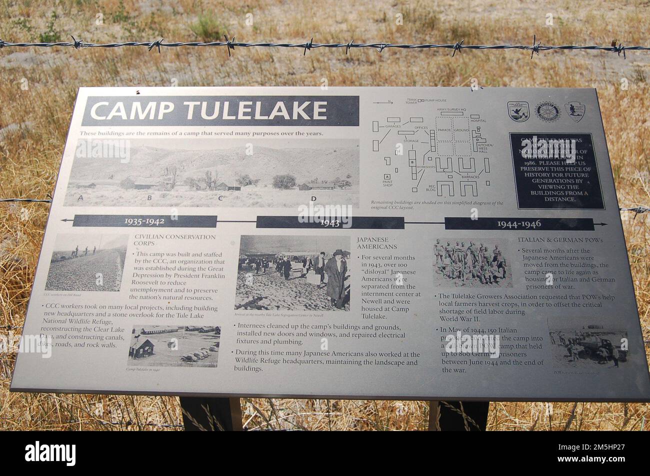 Volcanic Legacy Scenic Byway Information Sign at Camp Tulelake. A plaque at Camp Tulelake