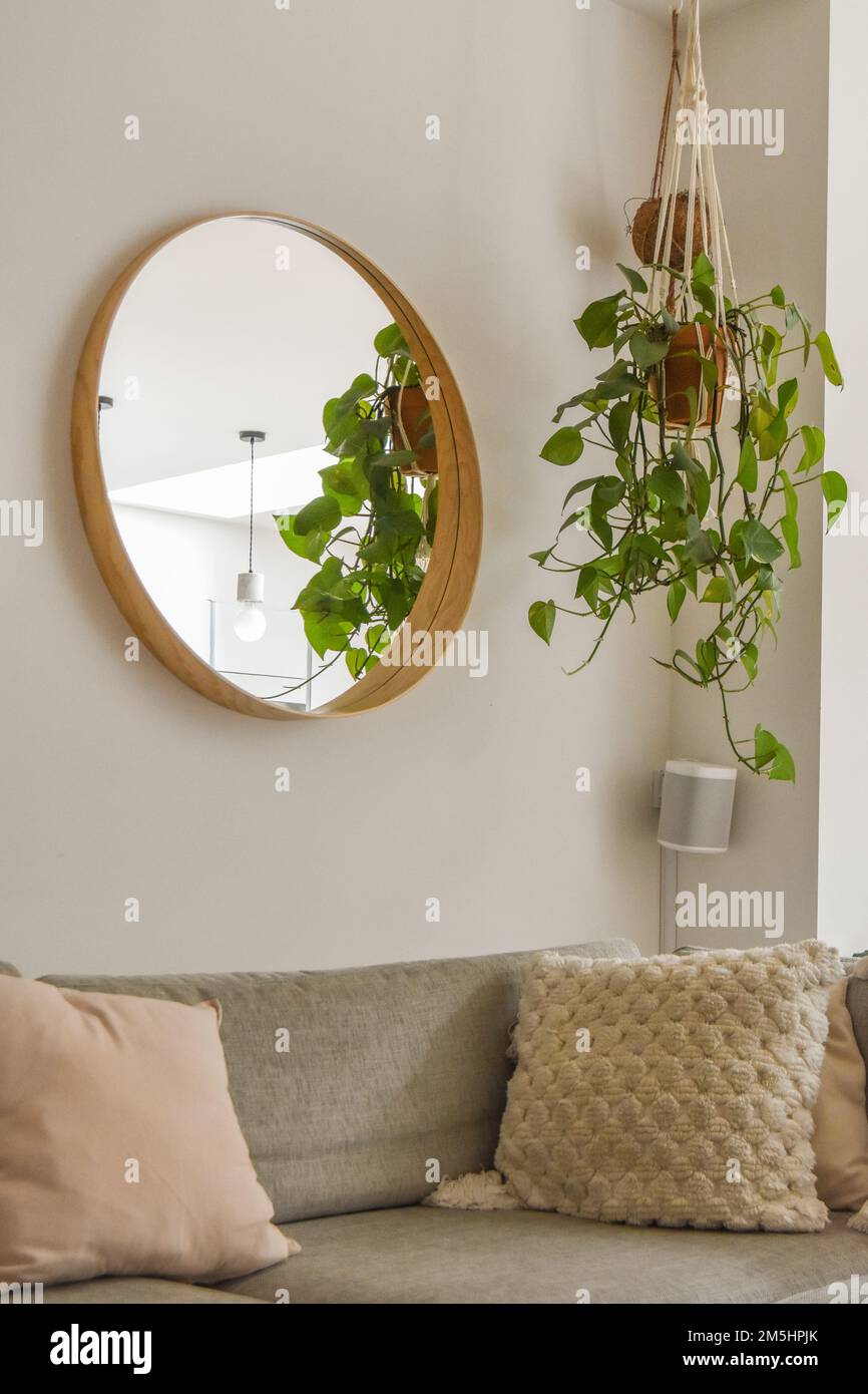 a living room with a couch, mirror and potted plant hanging on the wall in front of the sofa Stock Photo