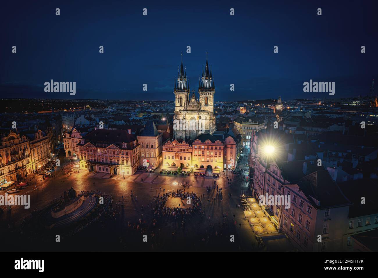 Aerial view of Old Town Square with Illuminated Tyn Church at night - Prague, Czech Republic Stock Photo