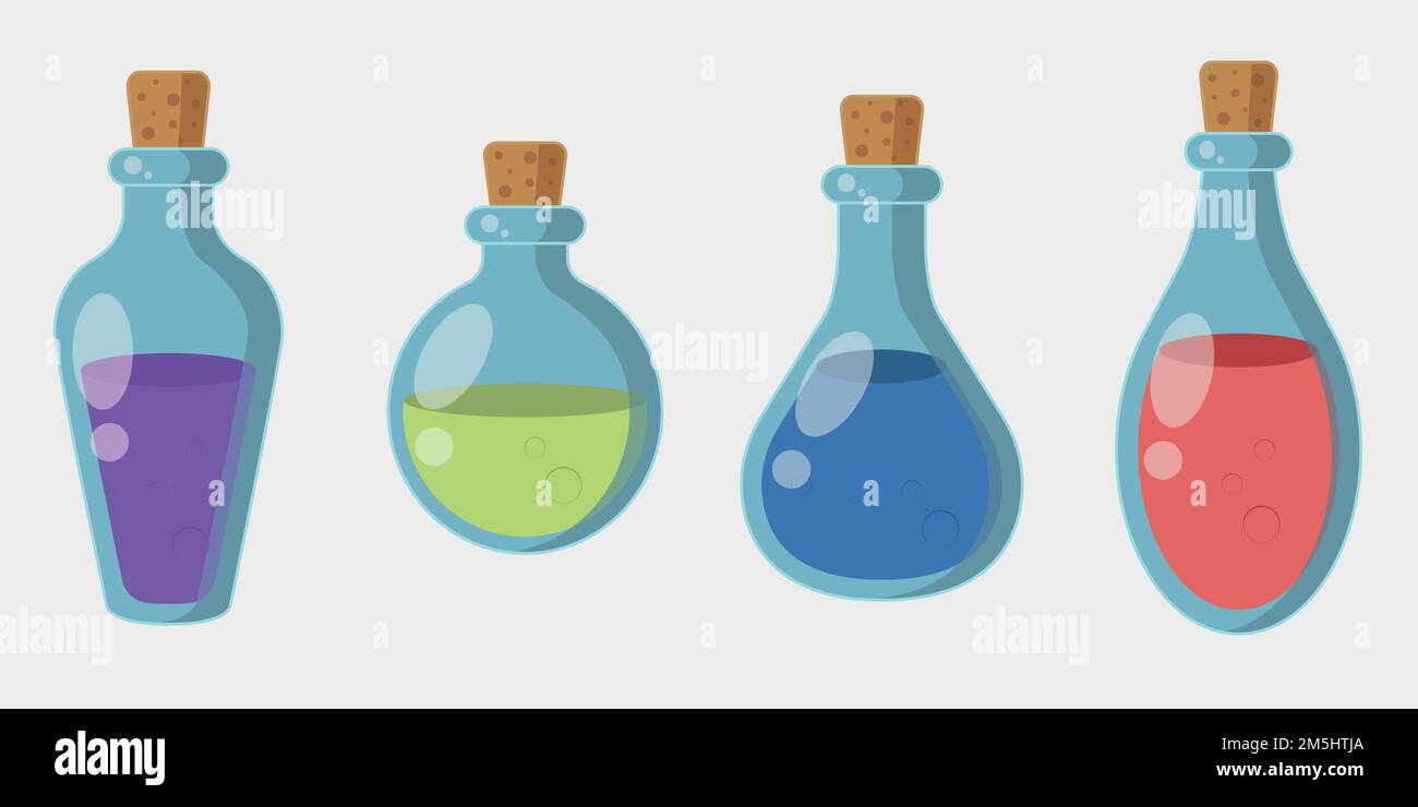 Set of bottles of potions. Liquid in glass jar in cartoon style. Flasks
