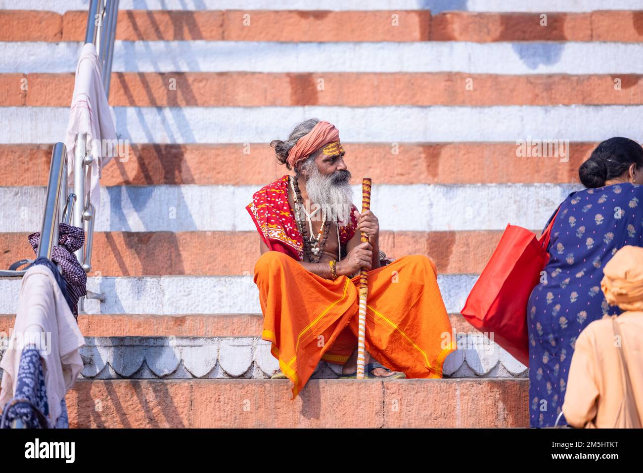 Varanasi, Uttar Pradesh, India Nov 2022 Portrait of Unidentified Indian sadhu baba on ghat