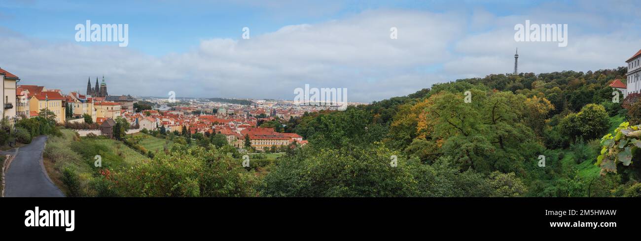 Panoramic aerial view of Prague Skyline with Prague Castle, Petrin Hill, Mala Strana and Old Town Buildings - Prague, Czech Republic Stock Photo