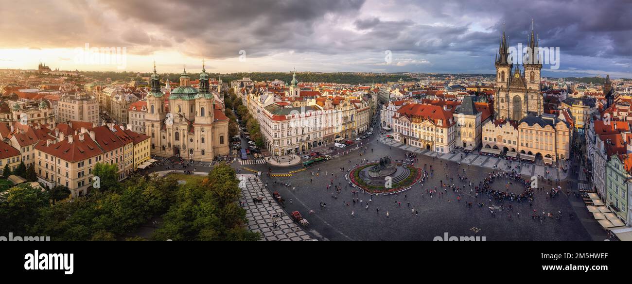 Panoramic aerial view of Old Town Square with Tyn Church and St. Nicholas Church - Prague, Czech Republic Stock Photo