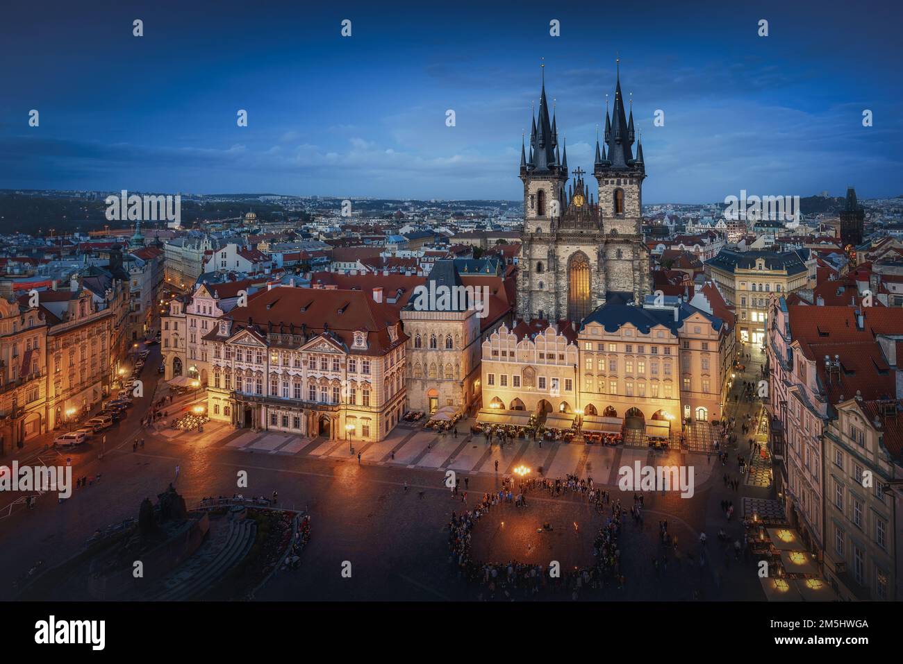 Aerial view of Old Town Square with Tyn Church at night - Prague, Czech Republic Stock Photo