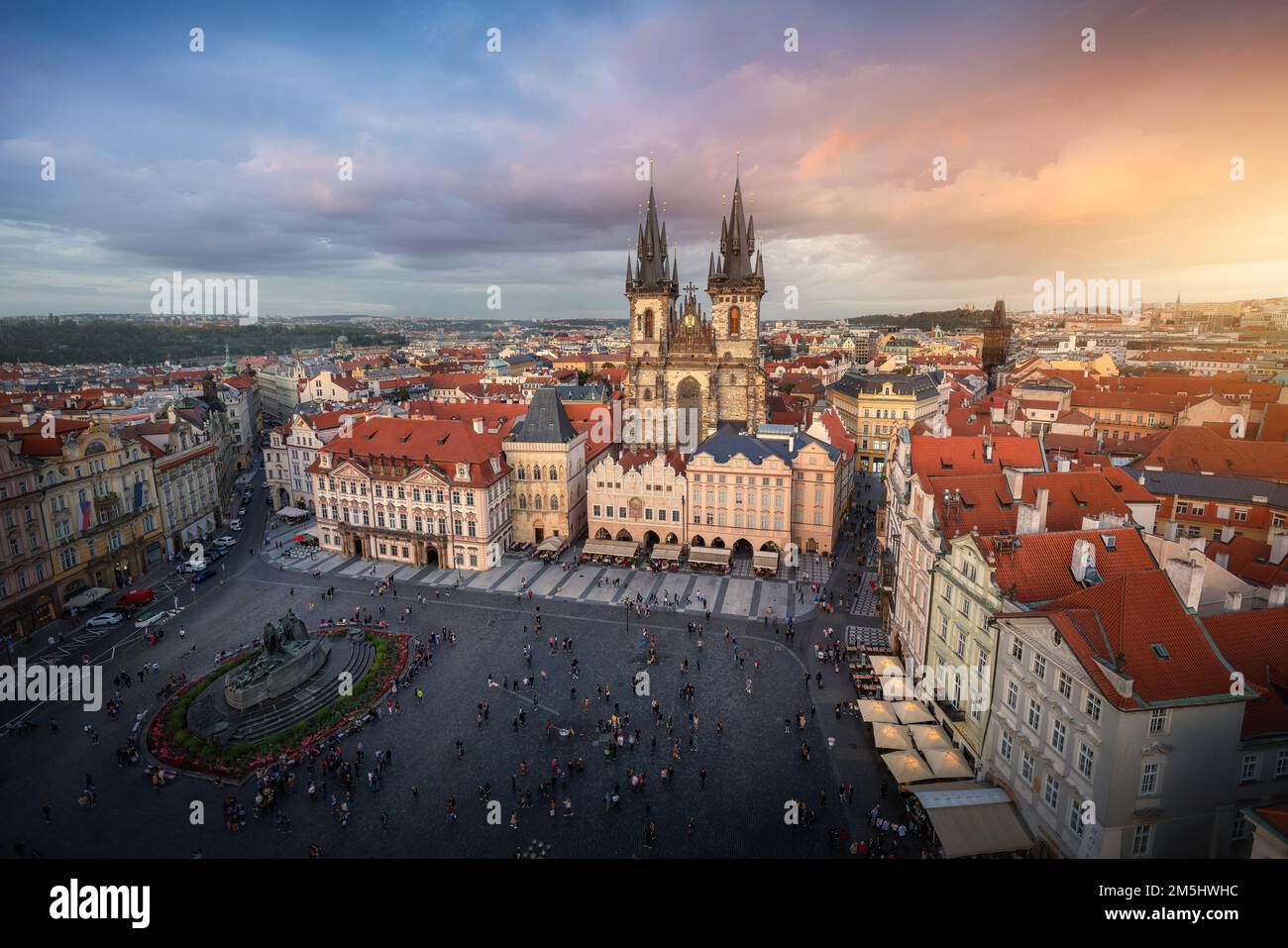 Aerial view of Old Town Square with Tyn Church at sunset - Prague, Czech Republic Stock Photo