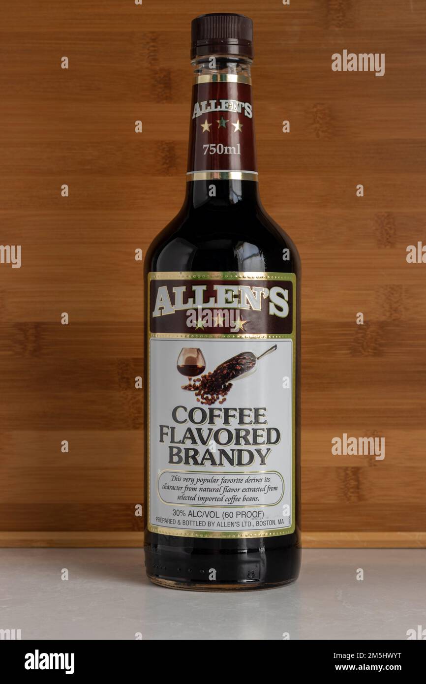 bottle of Allen's coffee flavored brandy, a coffee flavored liquer made