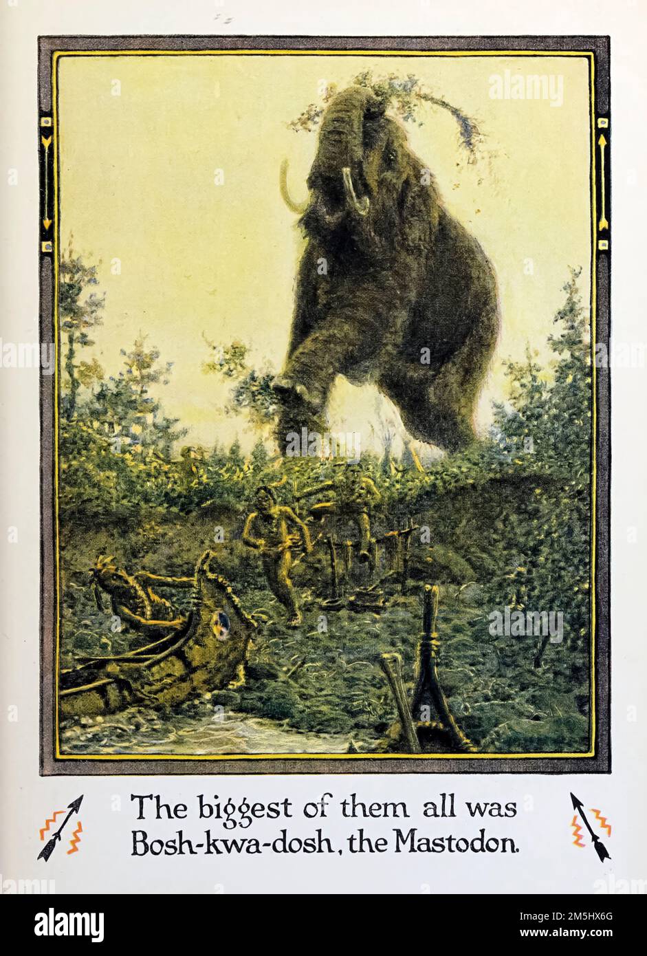The biggest of them all was Bosh-kwa-dosh, the Mastodon. Illustrated by John Rae from the book ' American Indian fairy tales ' by William Trowbridge Larned, Publication date 1921 Publisher New York, P. F. Volland Stock Photo