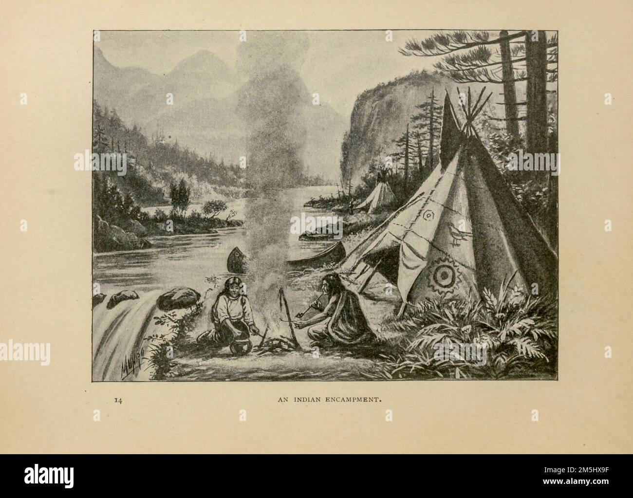 An Indian encampment illustrated by Ella Booher, From the book Hiawatha the Indian from Longfellow's Song of Hiawatha by Henry Wadsworth Longfellow, 1807-1882; Stock Photo