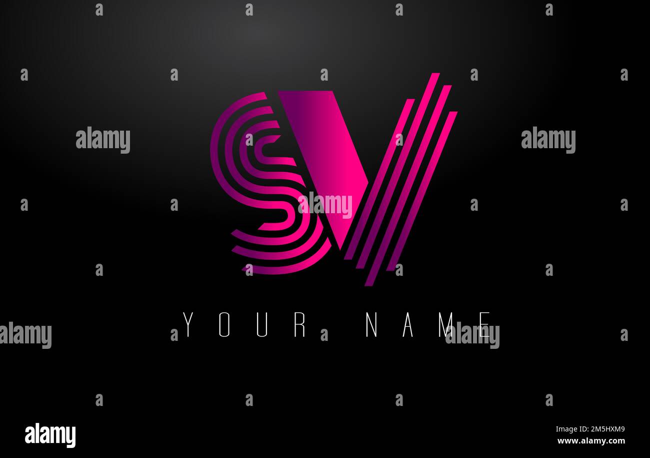 SV Magenta Lines Letter Logo. Creative Line Letters Design Vector Template. Stock Vector
