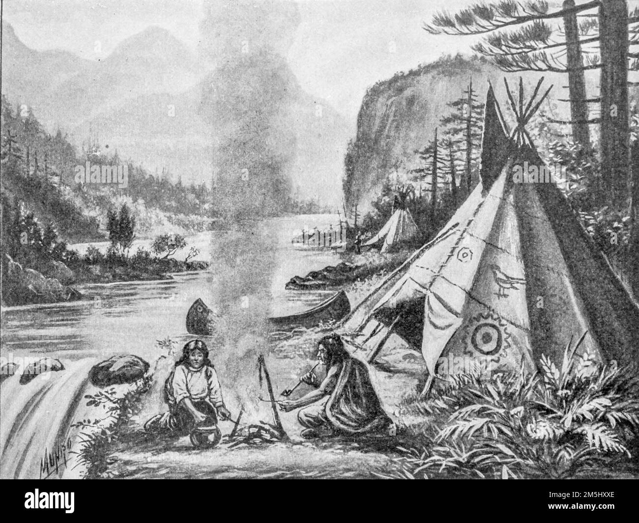 An Indian encampment illustrated by Ella Booher, From the book Hiawatha