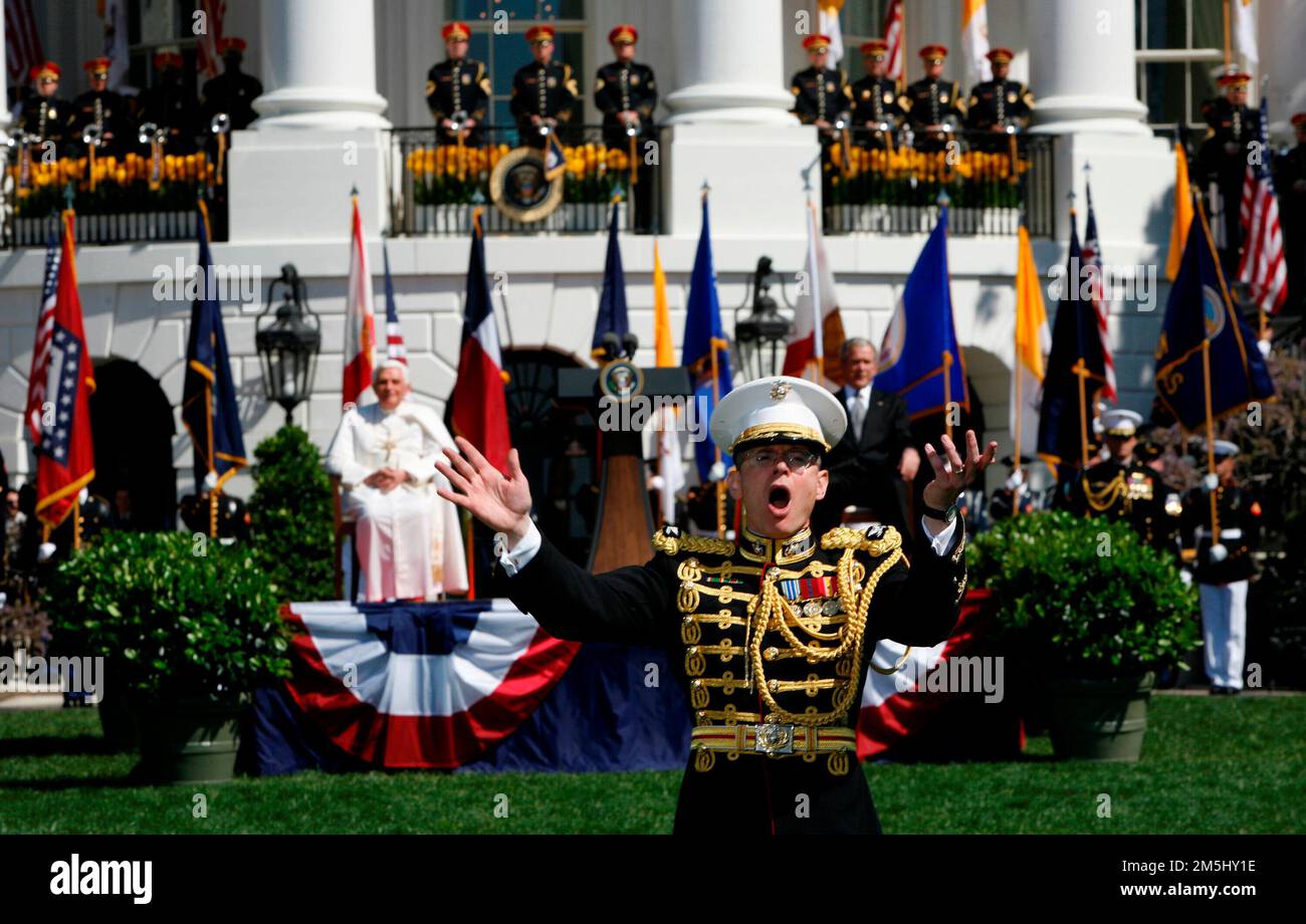 The conductor of the Marine Band directs his orchestra at the Arrival Ceremony hosted by United States President George W. Bush and first lady Laura Bush in honor of Pope Benedict XVI,, in the South Lawn of the White House, Washington DC, April 16, 2008. Credit: Aude Guerrucci / Pool via CN Stock Photo