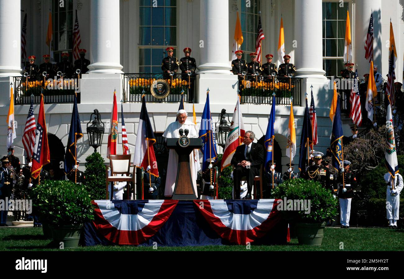 Pope Benedict XVI makes remarks during the Arrival Ceremony hosted by United States President George W. Bush and first lady Laura Bush on his honor, in the South Lawn of the White House, Washington DC, April 16, 2008. Credit: Aude Guerrucci / Pool via CNP Stock Photo