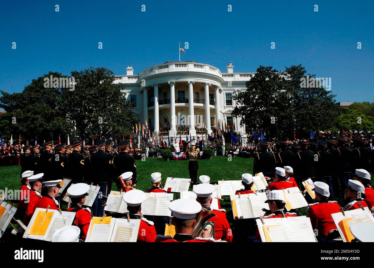 The Marine Band performs at the Arrival Ceremony hosted by United States President George W. Bush and first lady Laura Bush in honor of Pope Benedict XVI,, in the South Lawn of the White House, Washington DC, April 16, 2008. Credit: Aude Guerrucci / Pool via CNP Stock Photo