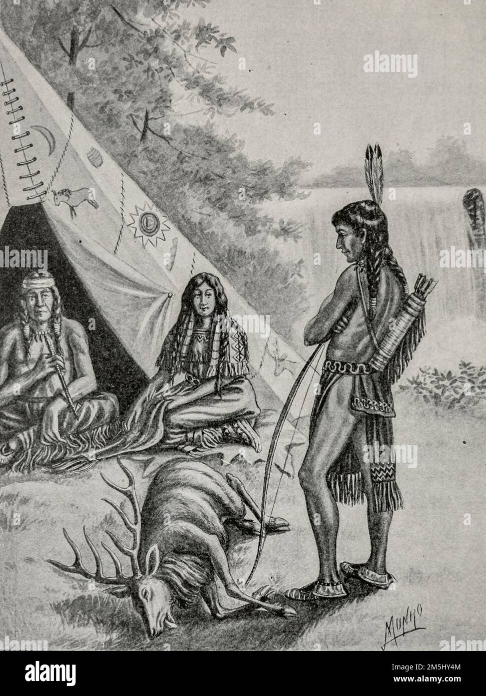Hiawatha at the home of Minnehaha with a gift of a hunted dear illustrated by Ella Booher, From the book Hiawatha the Indian from Longfellow's Song of Hiawatha by Henry Wadsworth Longfellow, 1807-1882; Stock Photo
