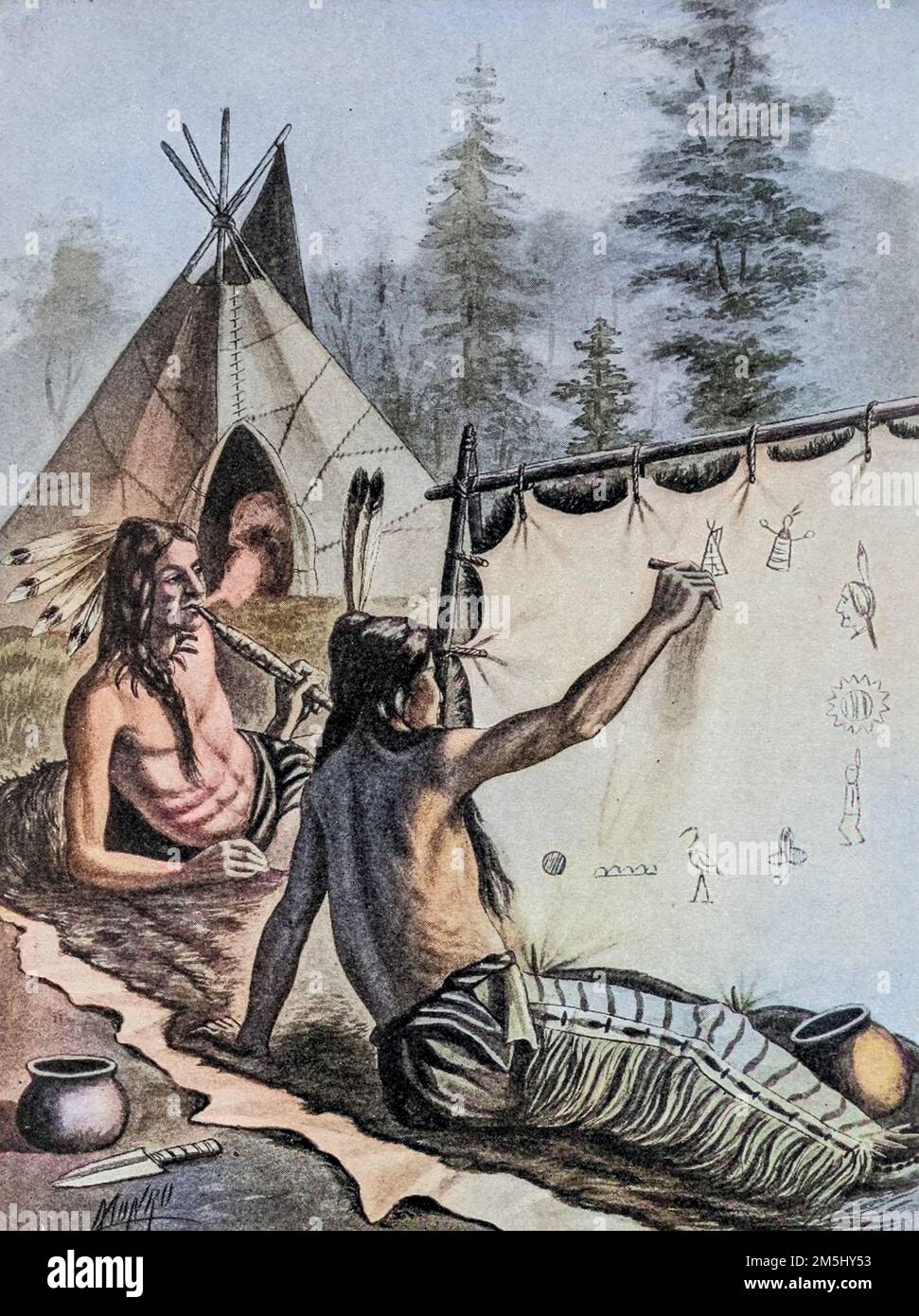 Thus it was that Hiawatha, in his Wisdom, Taught the People illustrated by Ella Booher, From the book Hiawatha the Indian from Longfellow's Song of Hiawatha by Henry Wadsworth Longfellow, 1807-1882; Stock Photo