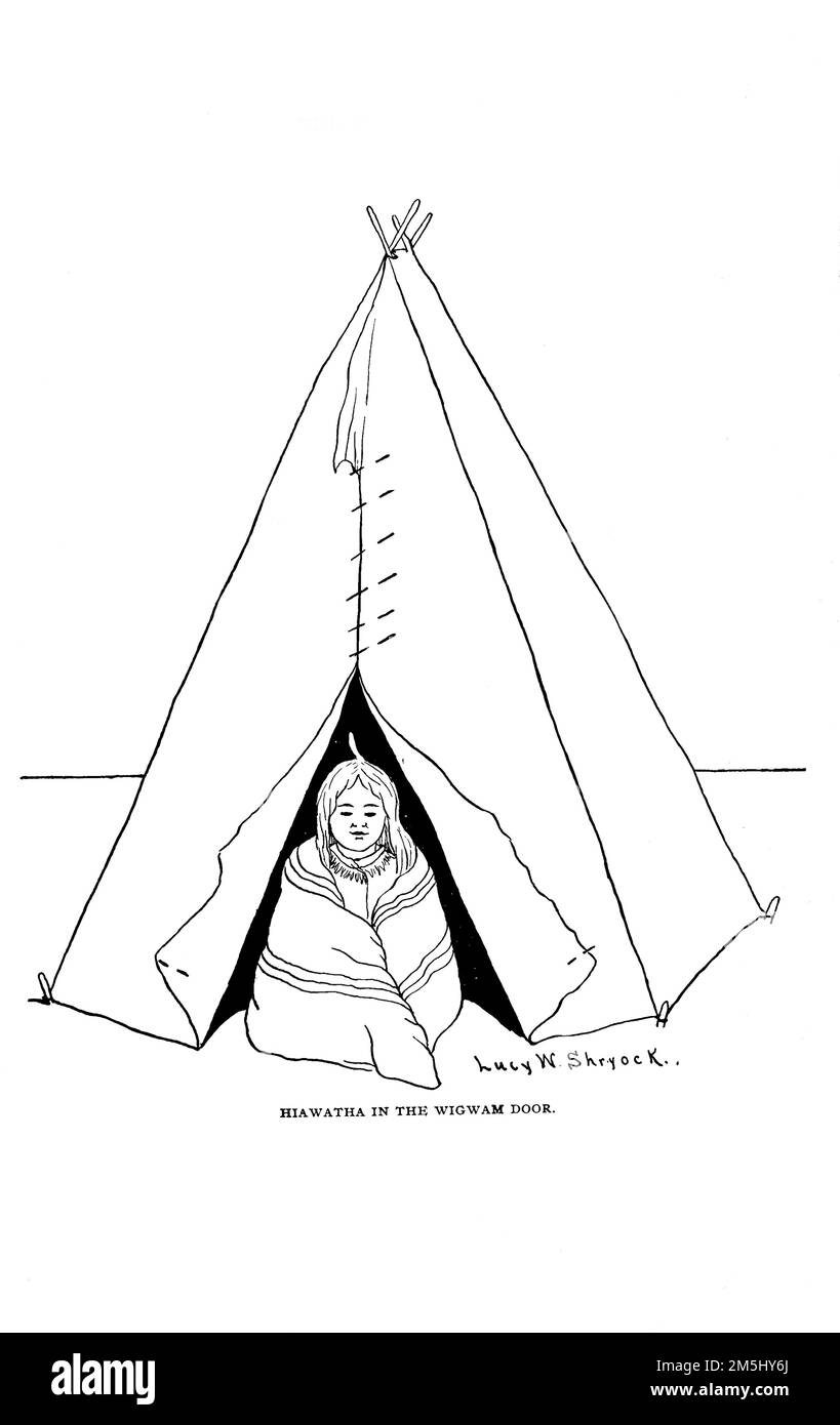 Hiawatha in the Wigwam Door from the book ' The song of Hiawatha ' by Henry Wadsworth Longfellow, 1807-1882; Marian Minnie, George, Publisher Chicago, A. Flanagan 1898 Stock Photo