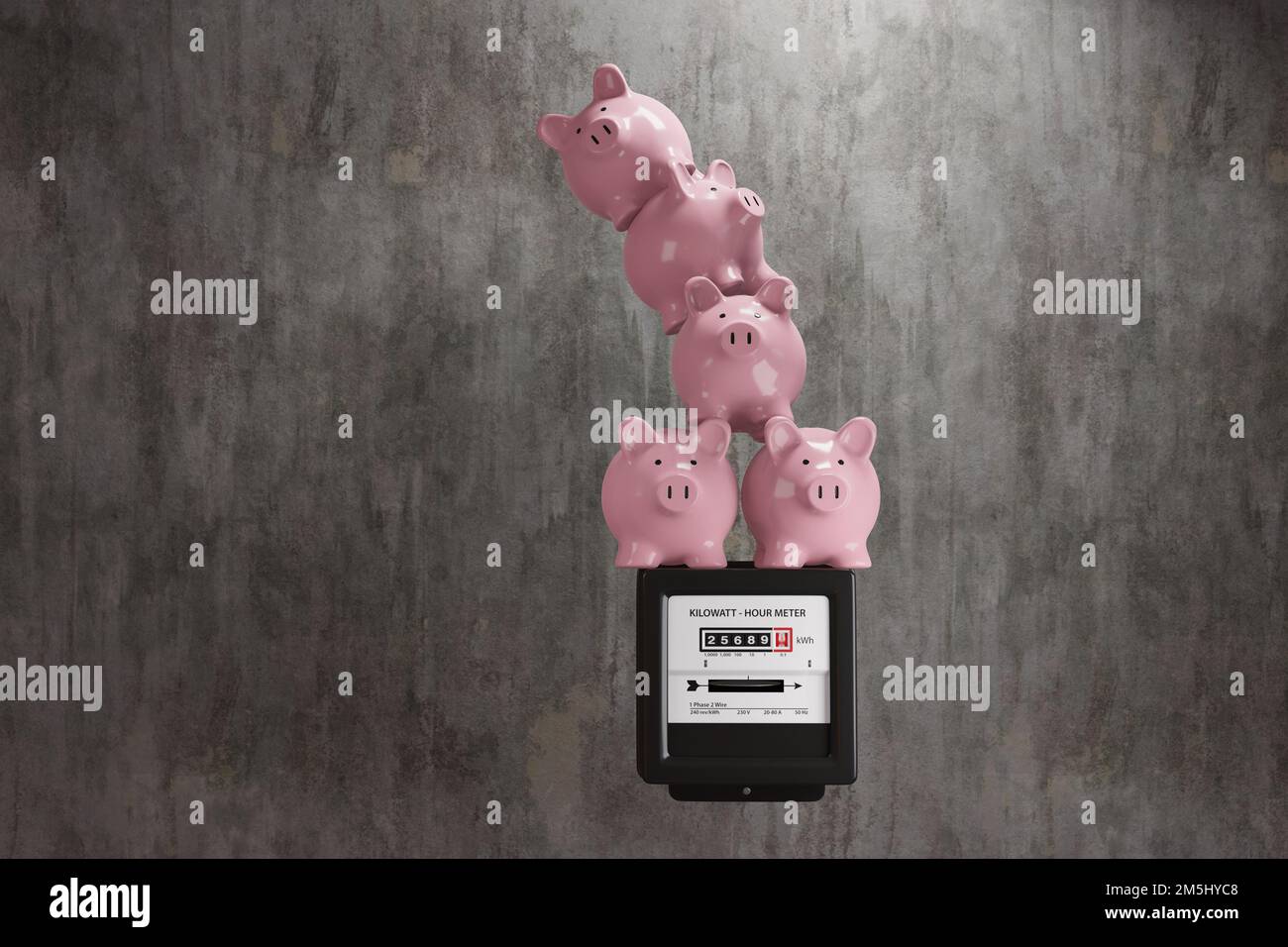 Heap of pink piggy banks on an electric meter. Illustration of the concept of increasing domestic energy bill Stock Photo
