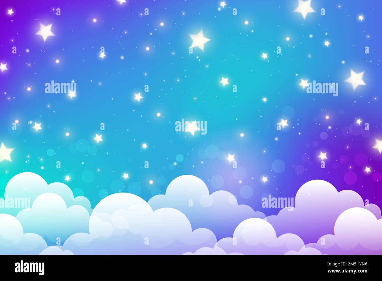 Night sky with stars and clouds. Magical landscape, abstract fabulous pattern. Cute candy wallpaper. Vector cartoon illustration. Stock Vector