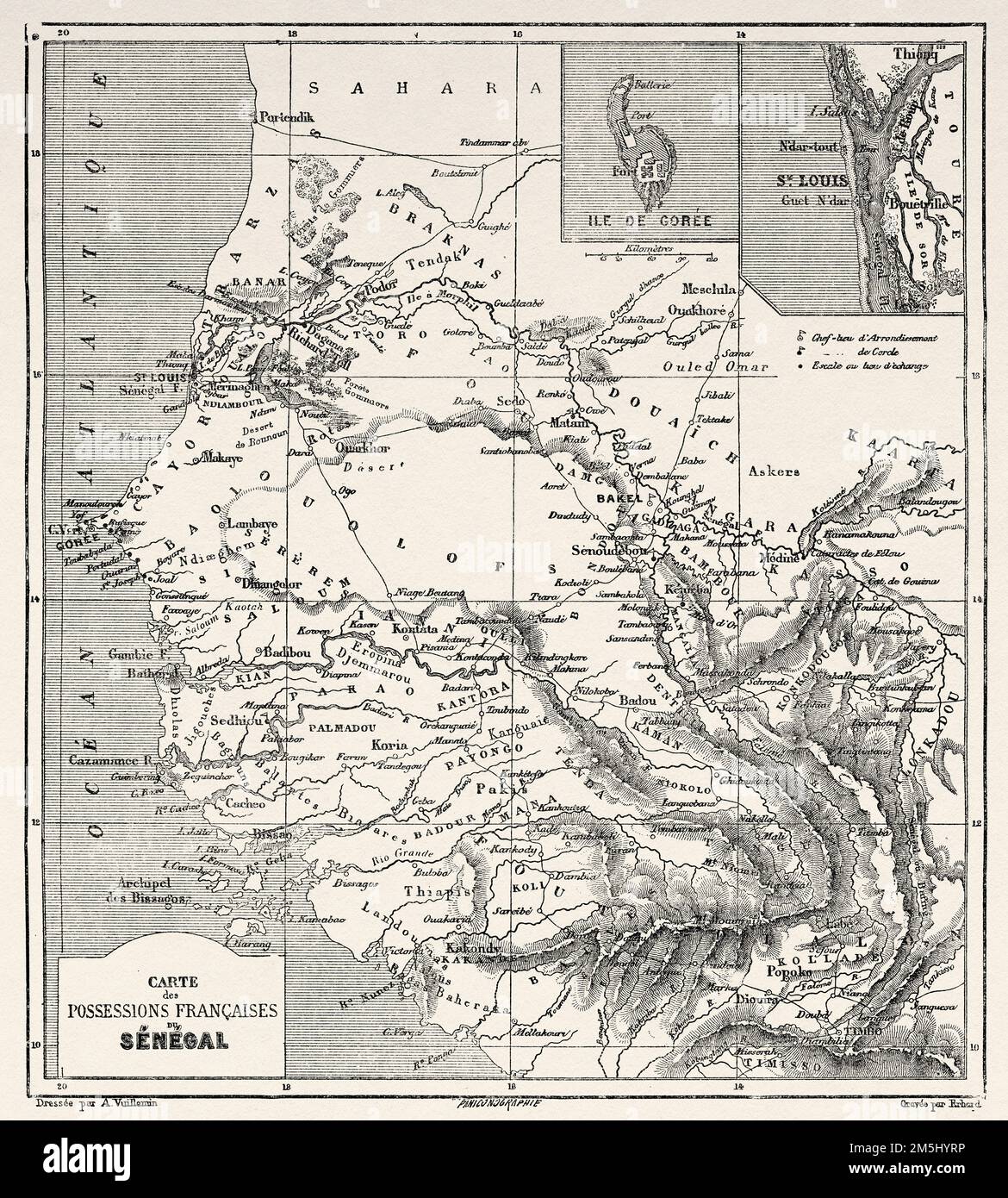 Map of French possessions in Senegal. Africa. Travel and expedition to