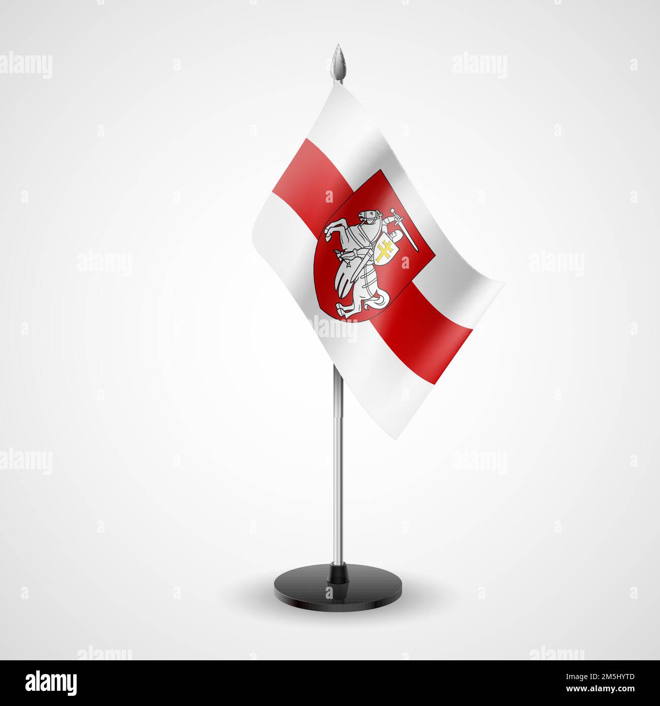 State Table Flag of Belarus. Flag with The Pahonia Against the Background of the white-red-white flag. Historical coat of arms of Belarus and the Gran Stock Vector