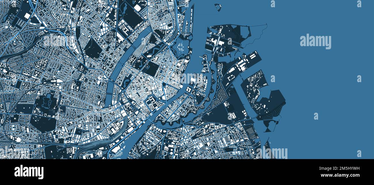Detailed blue vector map poster of Copenhagen city administrative area. Skyline panorama. Decorative graphic tourist map of Copenhagen territory. Roya Stock Vector