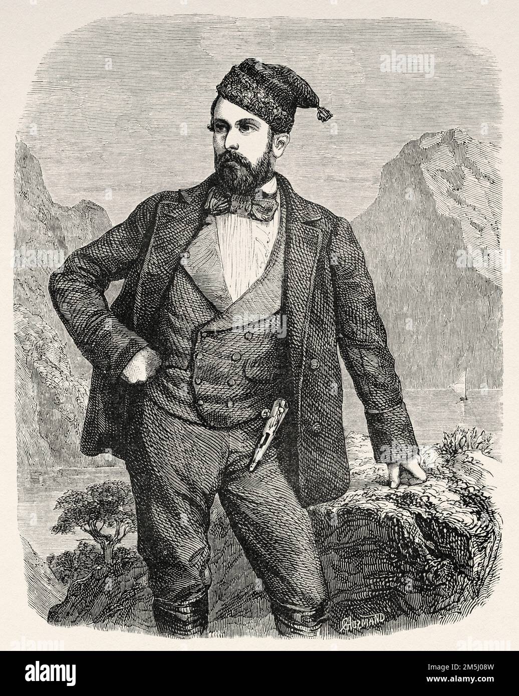 Portrait of Prince Royal of Sweden, Charles XV in traveling costume. Carl Ludvig Eugen. Charles XV in Swedish Karl XV and in Norwegian Karl IV (1826-1872) was King of Sweden and Norway. Scandinavia, Northern Europe. Travels in the Scandinavian States by Saint-Blaise 1856 Stock Photo