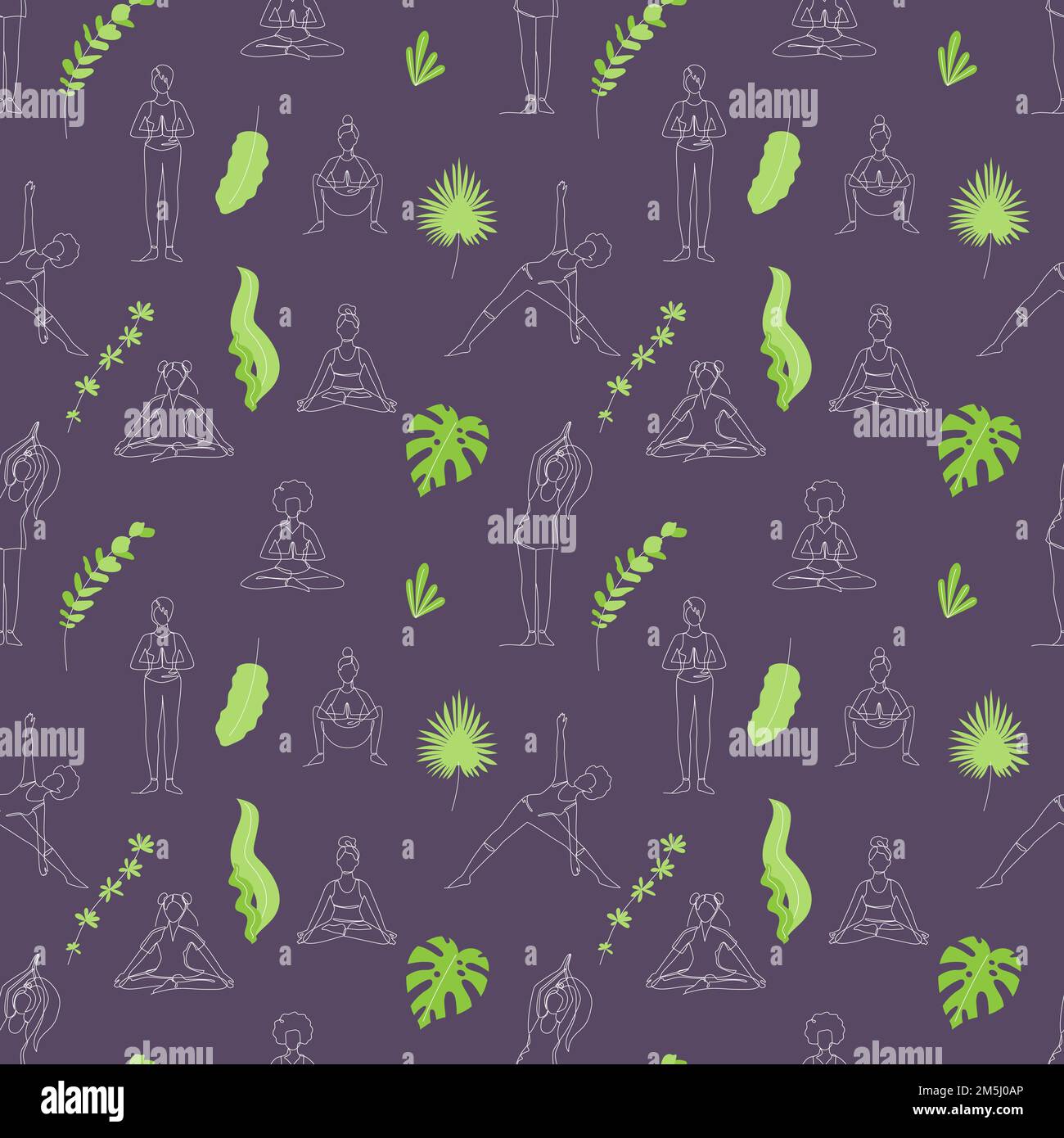 Seamless pattern with single line drawings of a girl sitting and ...