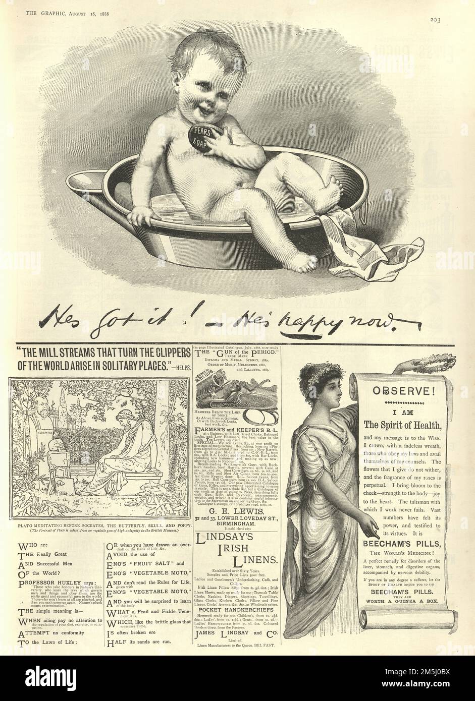 page of Victorian newspaper adverts, Pears soap, Beecham's pills, Irish linens, shotguns, 1880s Stock Photo