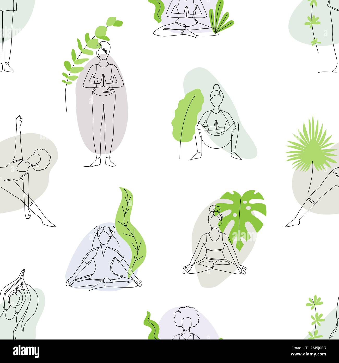 Seamless pattern with single line drawings of a girl sitting and ...