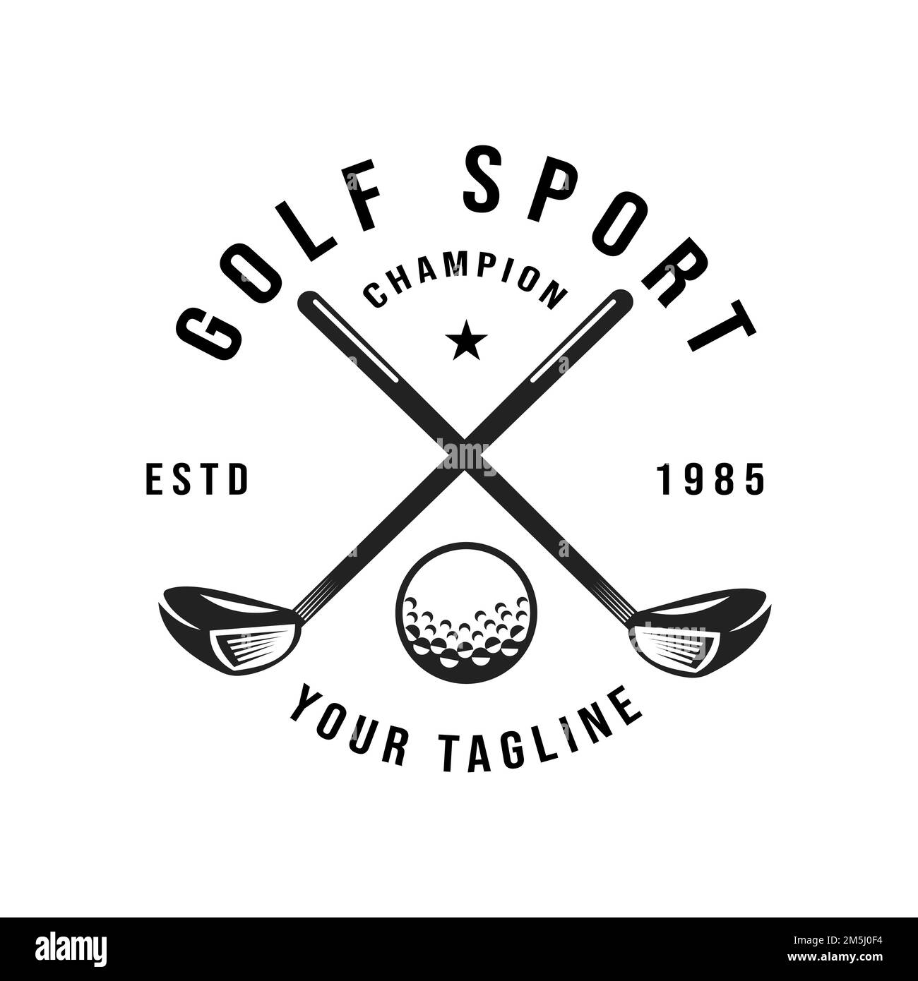 Retro vintage golf, professional golf ball logo template design, golf championship, badge or icon with crossed golf clubs and ball on tee. Vector illu Stock Vector