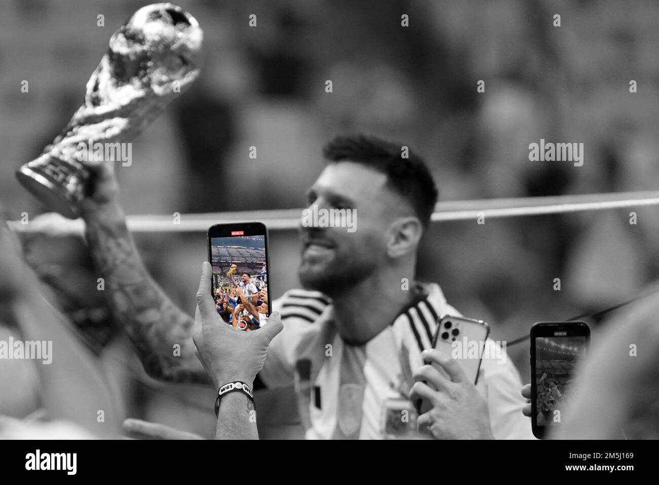 Lusail, Qatar. Fifa World Cup. Match 64. Argentina vs France. 18th December 2022. Leo Messi celebrate with fake cup. Stock Photo