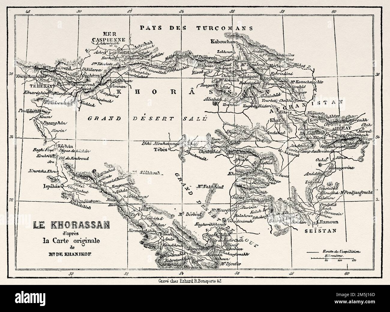 Old map of Razavi Khorasan Province, Iran. Journey in Khorassan by N de Khanikof 1858 Stock Photo