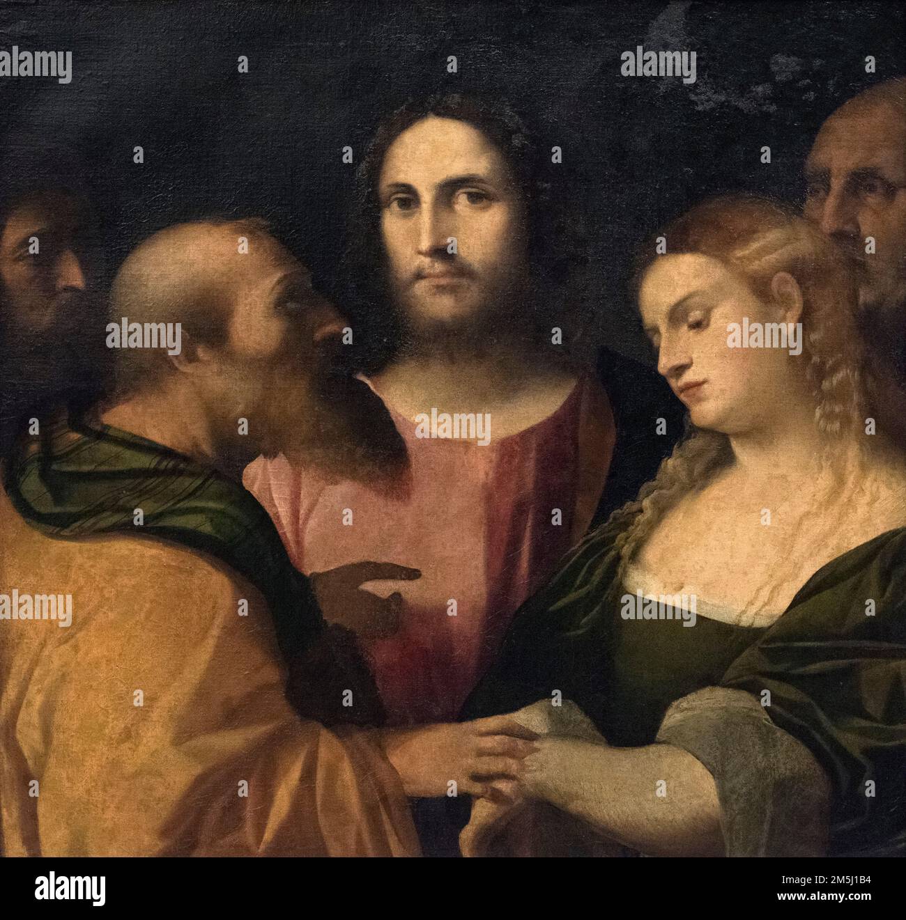 Palma il vecchio (Jacopo Negretti, 1480-1528), Christ and the Adulteress, ca. 1525-1528. Cristo e l'adultera.  Capitoline Museums, Rome, Italy. Oil on Stock Photo