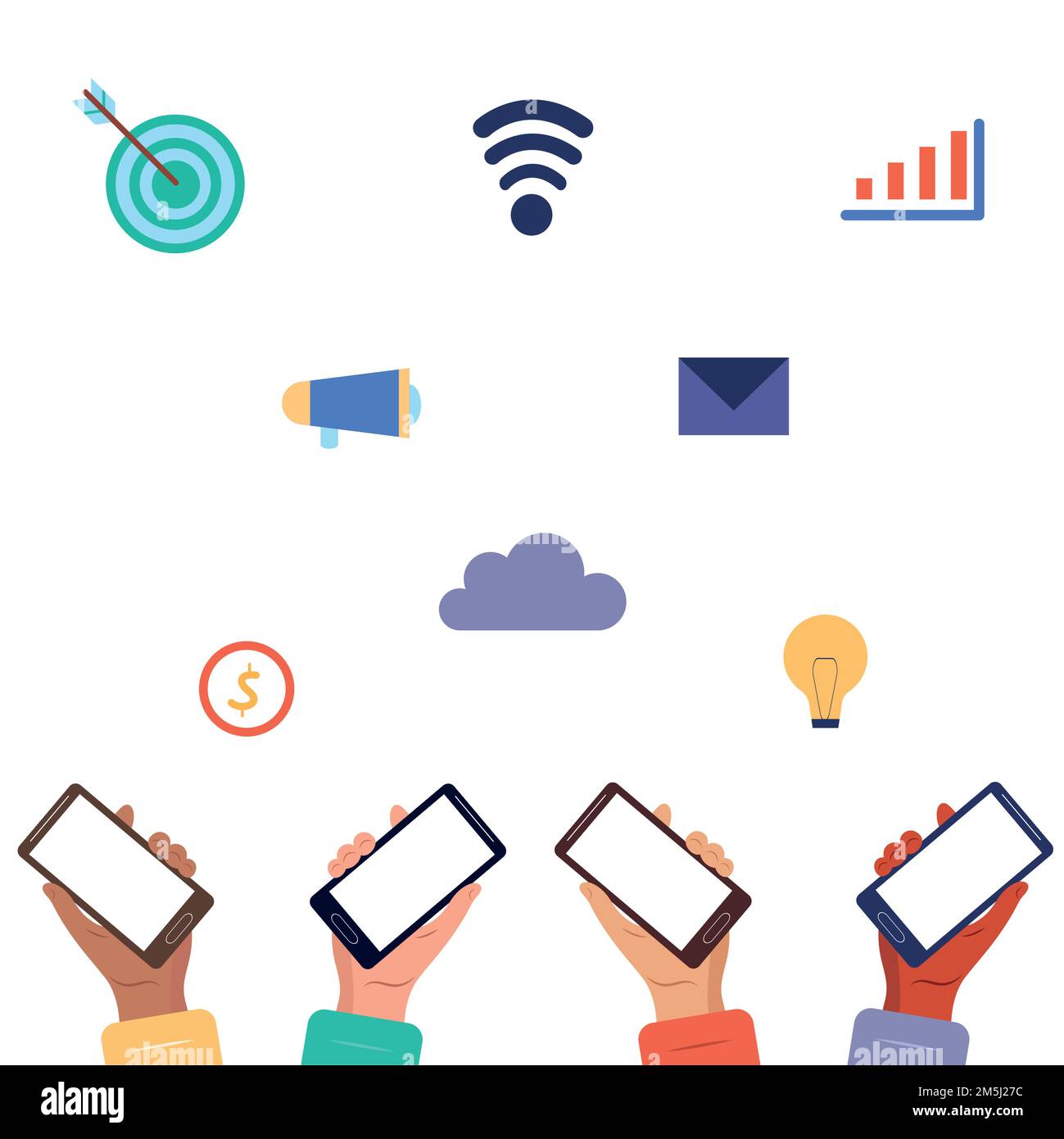 Hands with phones. Information and actions on the Internet.Vector. Stock Vector