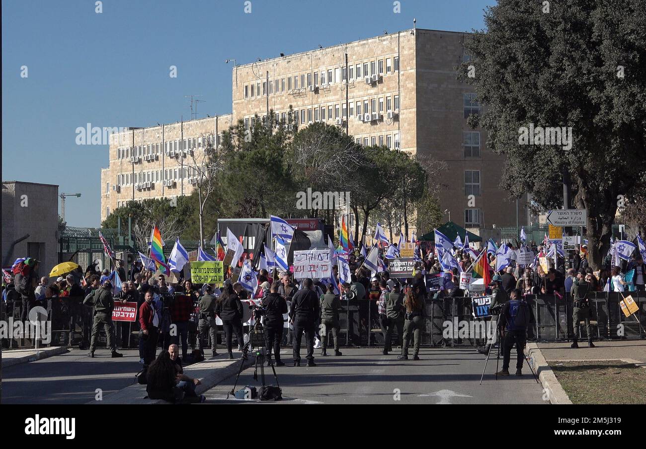 JERUSALEM, ISRAEL - DECEMBER 29: Left-wing and peace activists take part in a demonstration against Israel's incoming government led by Prime Minister-designate Benjamin Netanyahu in front of the Israeli Parliament on December 29, 2022, in Jerusalem, Israel. Israel’s center-left fear that Netanyahu's incoming government will implement Jewish laws and other changes pledged by religious and far-right politicians and will endanger the country's democracy. Credit: Eddie Gerald/Alamy Live News Stock Photo