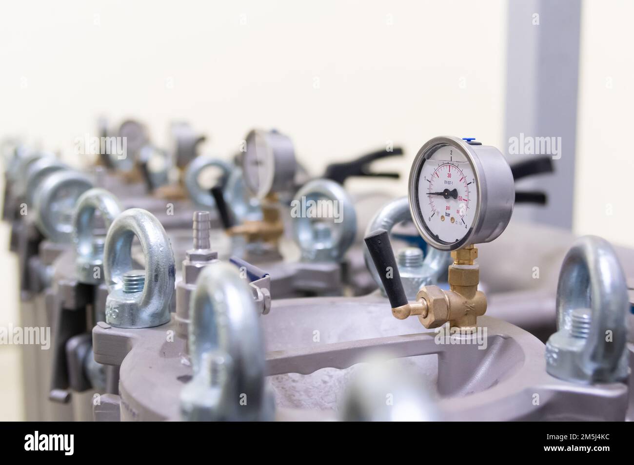 Pressure Gauge of Measuring Instrument Close Up at Industry Stock Photo