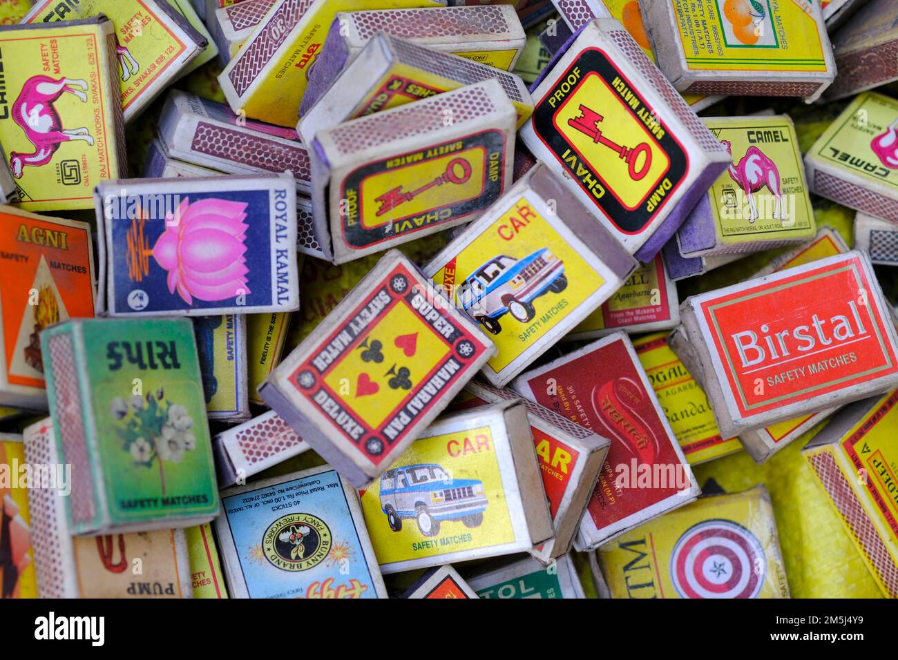 24 December 2022, Pune, India, Retro collection of vintage Indian matchboxes in Vintage Exhibition. Stock Photo