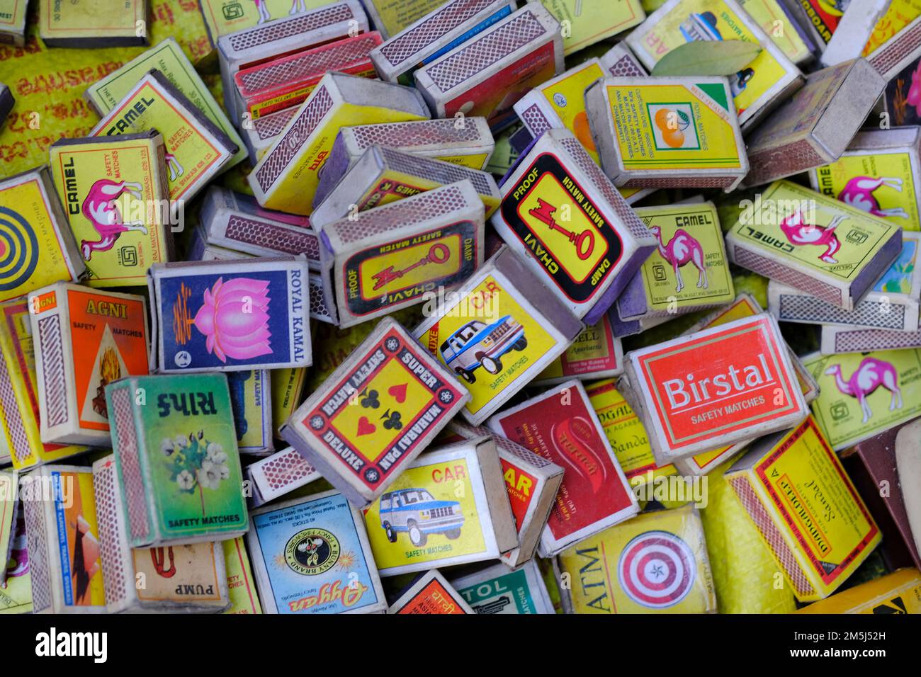 24 December 2022, Pune, India, Retro collection of vintage Indian matchboxes in Vintage Exhibition. Stock Photo