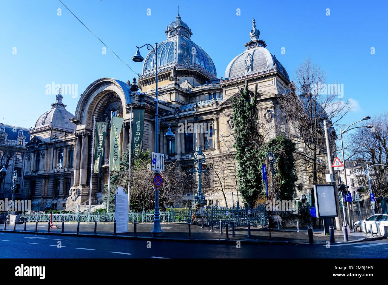 Bucharest, Romania, 2 January 2022: The beautiful facade of the Cec Palace in Calea Victoriei (Victoriei Avenue) in the historic center of Bucharest, Stock Photo