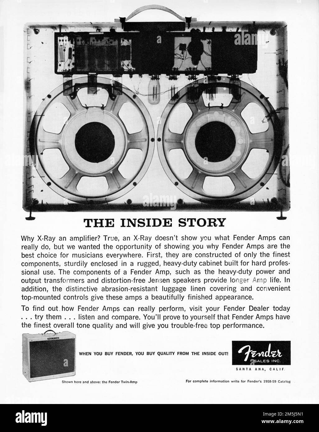 An advertisement for fender amplifiers showing an exray and lauding their quality construction. from an early 1960s periodical. Stock Photo