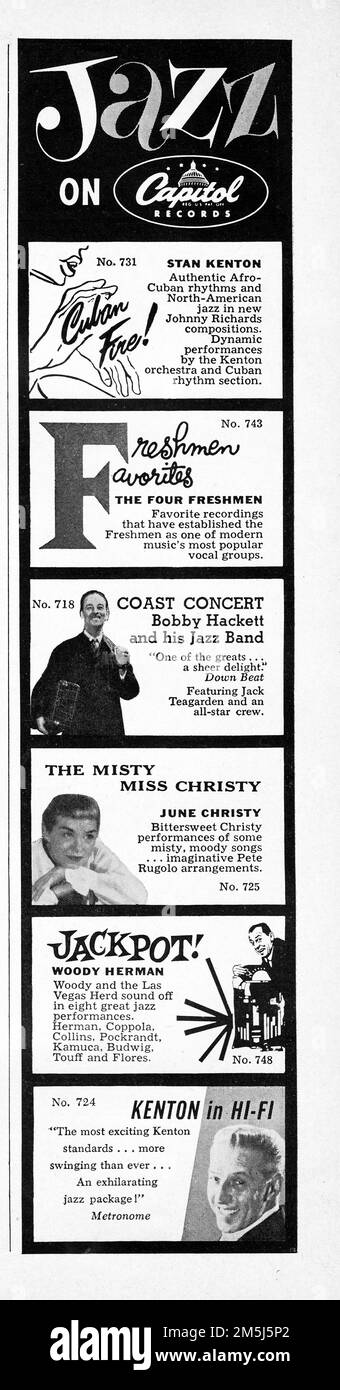 An advertisement for Capitol Records recordings by 6 popular Caucasian artists and groups but no African Americans. from a 1956 music magazine. Stock Photo