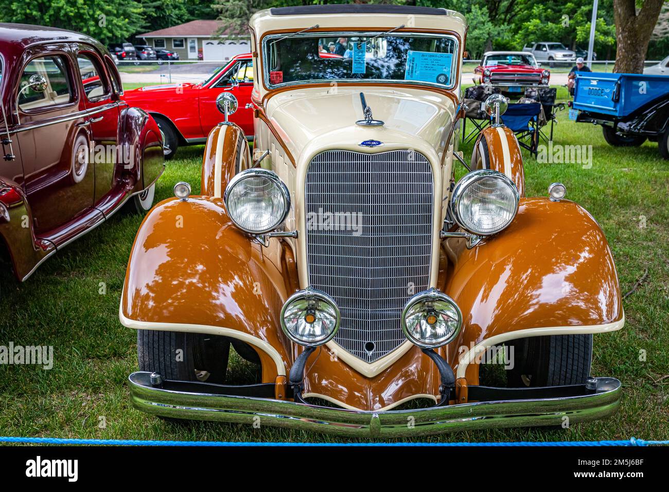 Iola, WI - July 07, 2022: High perspective front view of a 1934 Lincoln Model KB Seven Passenger Limousine at a local car show. Stock Photo
